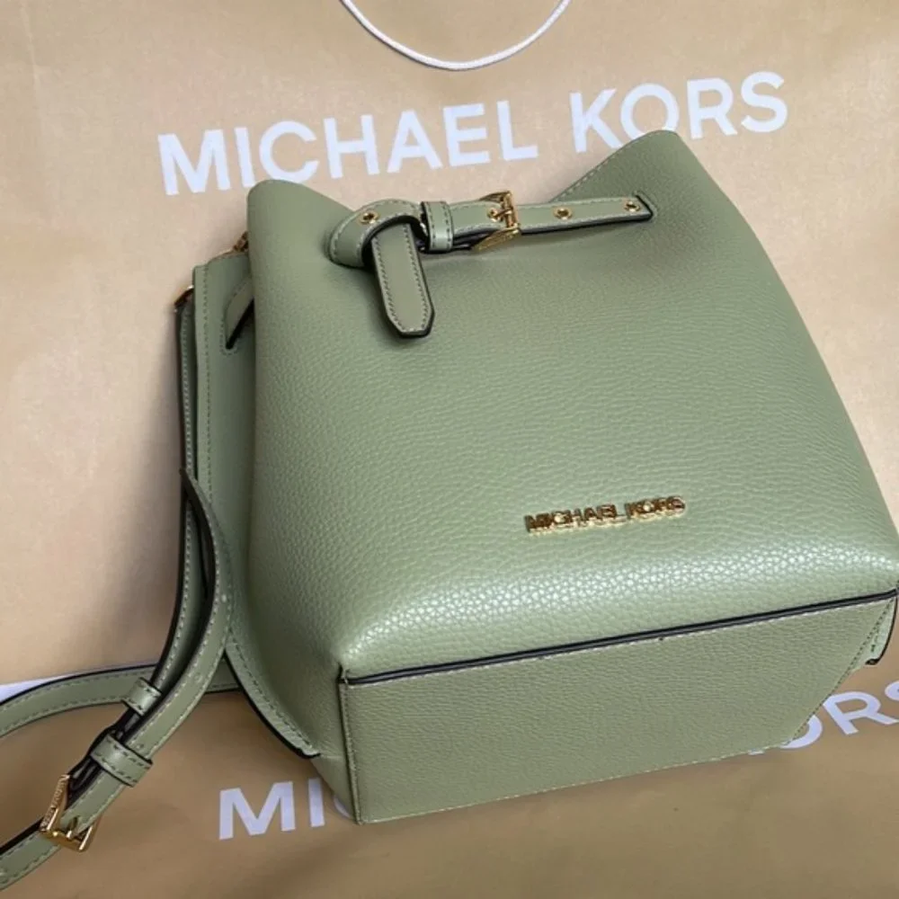 Michael Kors Emilia Small Bucket Bag Messenger Leather Light Sage